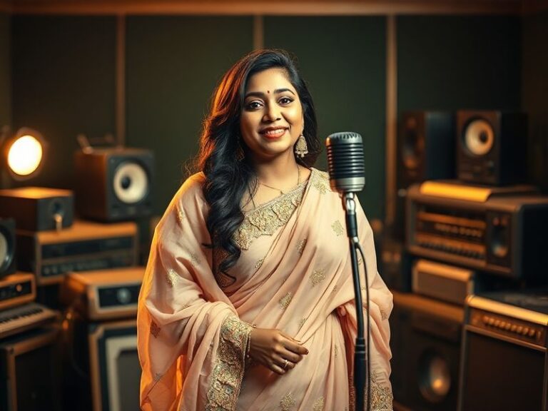 Shreya Ghoshal performing on stage with a warm, golden spotlight, wearing an elegant saree, holding a microphone, and bathed