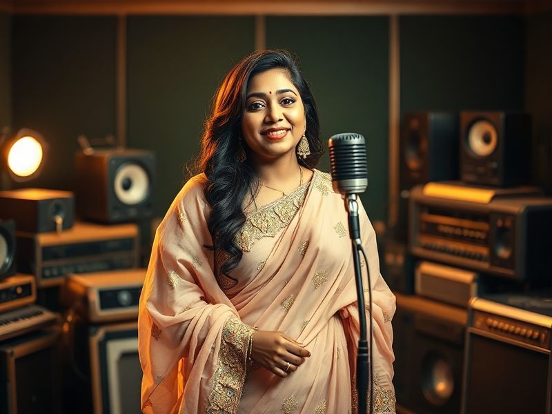 Shreya Ghoshal performing on stage with a warm, golden spotlight, wearing an elegant saree, holding a microphone, and bathed