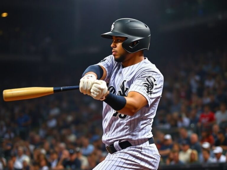 A dynamic action shot of Yoán Moncada mid-swing at Guaranteed Rate Field, bat blurred in motion, wearing his White Sox navy a