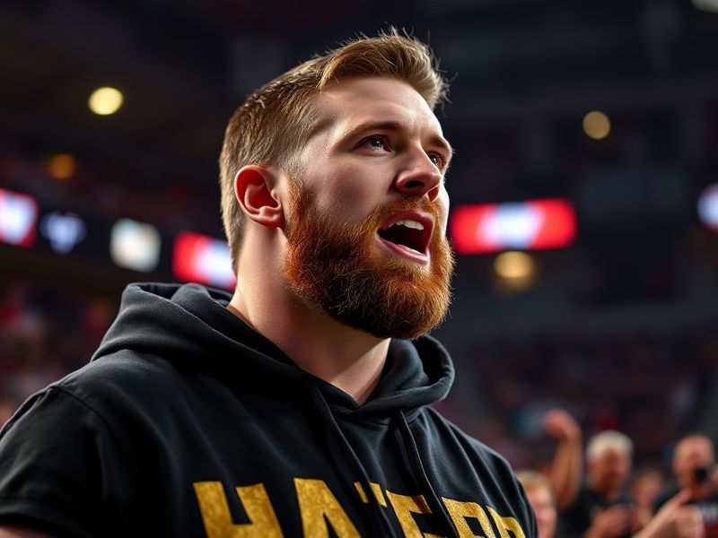 A dynamic action shot of Jake Hager mid-match in an AEW ring, wearing his signature black gear, with a crowd of diverse fans