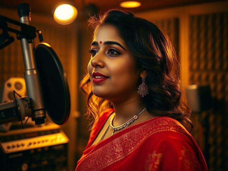 A warm, professional portrait of Shreya Ghoshal in a studio setting, wearing a traditional Indian saree, holding a microphone