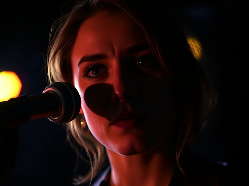 A moody, atmospheric portrait of Holly Humberstone performing on stage, bathed in soft blue and purple stage lights. She hold