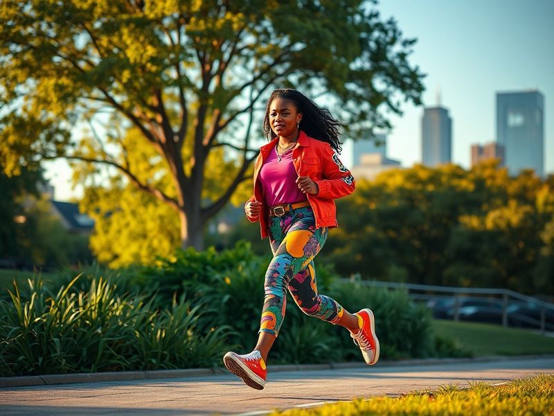 A dynamic action shot of Shadasia Green mid-sprint on a vibrant blue track, wearing a red and white uniform, with a stadium b