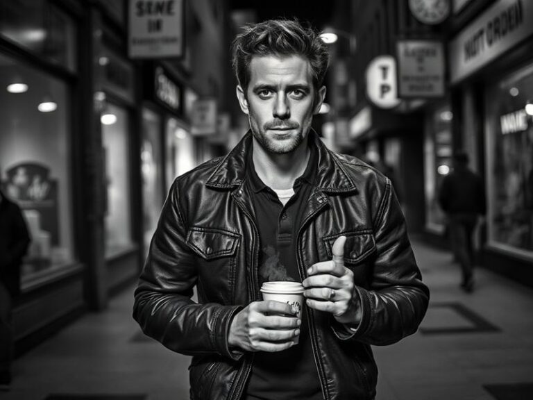 A candid portrait of Scott Speedman on a film set, dressed in a casual yet stylish outfit, with a neutral expression that ref