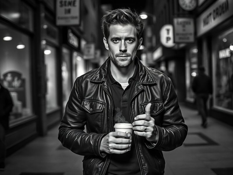 A candid portrait of Scott Speedman on a film set, dressed in a casual yet stylish outfit, with a neutral expression that ref