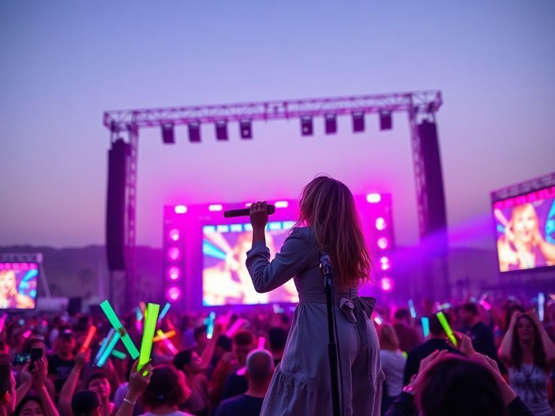 A vibrant stage shot of Sabrina Carpenter performing at Coachella at night, wearing a sparkling bodysuit, with a glowing crow