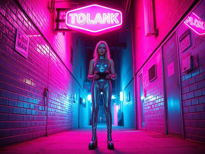 A vibrant, neon-lit digital collage featuring Slayyyter in a futuristic pop star outfit, surrounded by glitchy text, Y2K grap