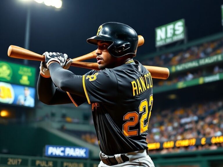 Andrew McCutchen in mid-action during a game, wearing his Pirates uniform with a dynamic pose, bat in hand, and the stadium c