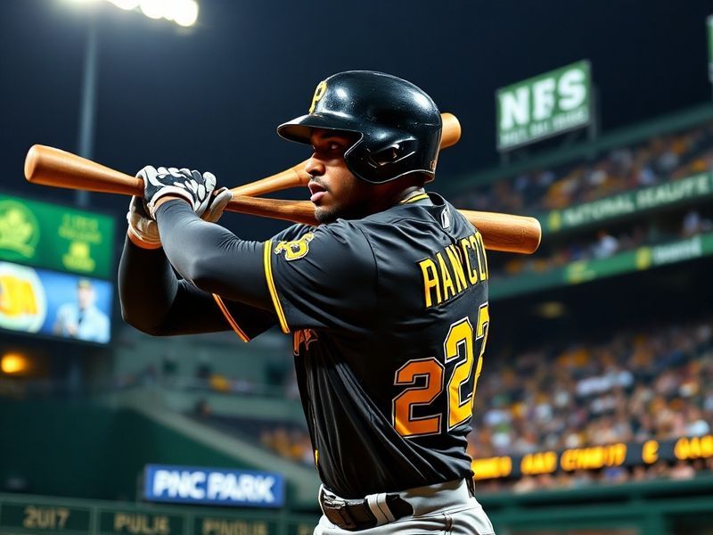 Andrew McCutchen in mid-action during a game, wearing his Pirates uniform with a dynamic pose, bat in hand, and the stadium c