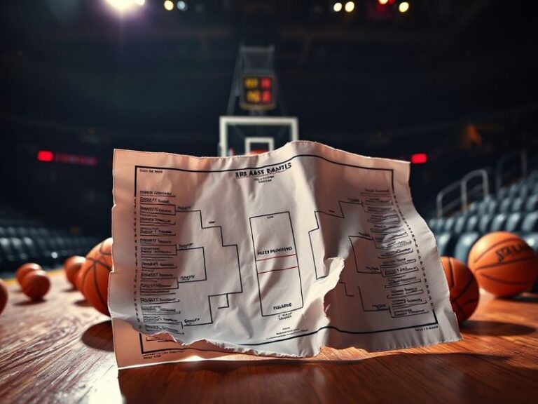 A vibrant digital NBA bracket on a split-screen: one side shows a filled-out bracket with colorful markers, the other display