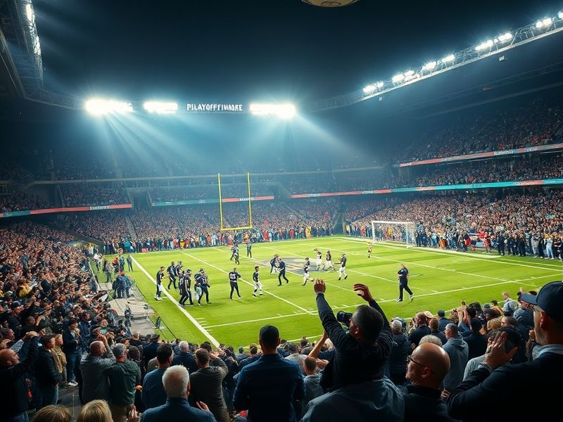 A split-screen image showing a packed stadium during a baseball playoff game on one side and a close-up of a basketball score