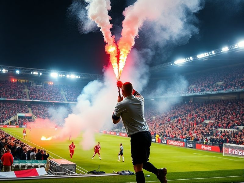 A vibrant matchday scene at Stadion Poznań during a Lech Poznań home game, with fans in blue and white scarves creating a sea