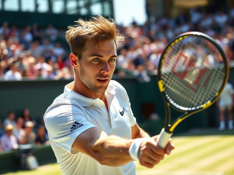 A focused action shot of Liam Broady mid-serve on a grass court, wearing a navy blue and white tennis outfit, with a blurred