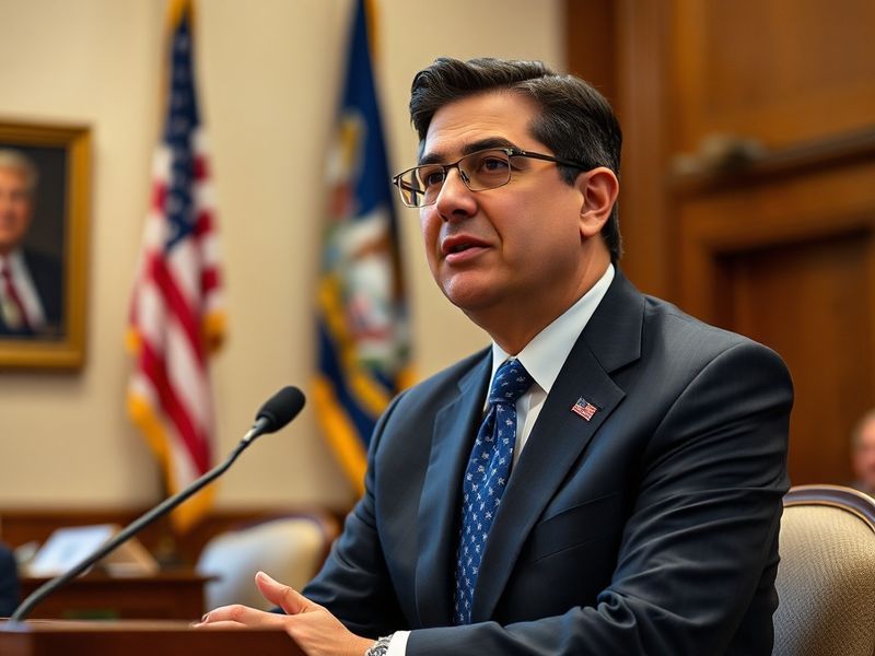 A formal portrait of Xavier Becerra in a suit, speaking at a podium with the U.S. and California flags behind him. The settin