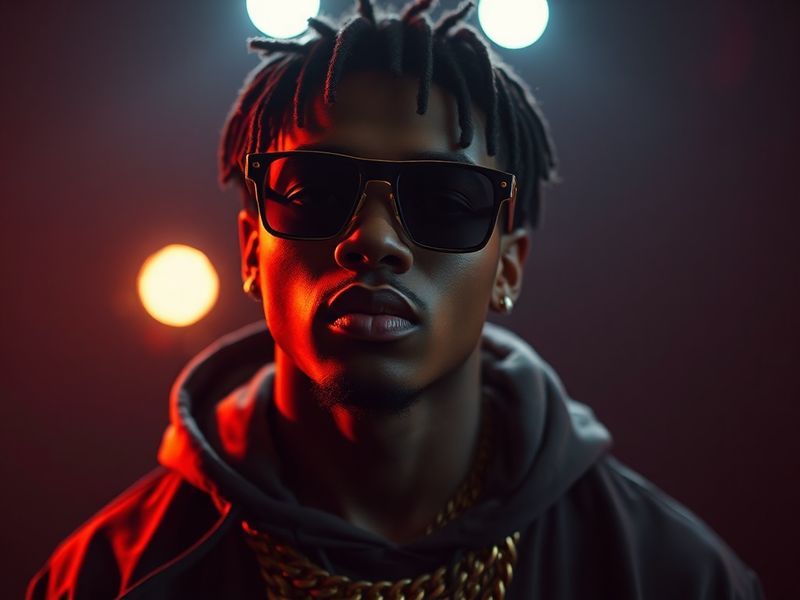 A moody studio portrait of Swae Lee in a dimly lit room, wearing a designer hoodie and gold chains, with a futuristic microph