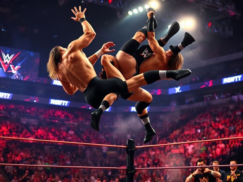 A dynamic action shot of Demolition (Ax and Smash) in their iconic black leather gear and face paint, mid-match against a riv