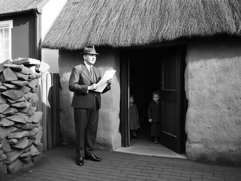 A vintage black-and-white photograph of a 1920s Irish census enumerator interviewing a rural family in a thatched cottage, wi