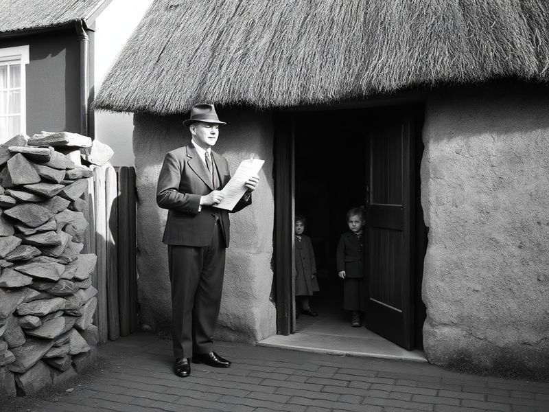 A vintage black-and-white photograph of a 1920s Irish census enumerator interviewing a rural family in a thatched cottage, wi