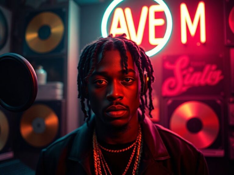 A dynamic studio portrait of Swae Lee, mid-performance, wearing a designer streetwear outfit with neon lighting and a futuris