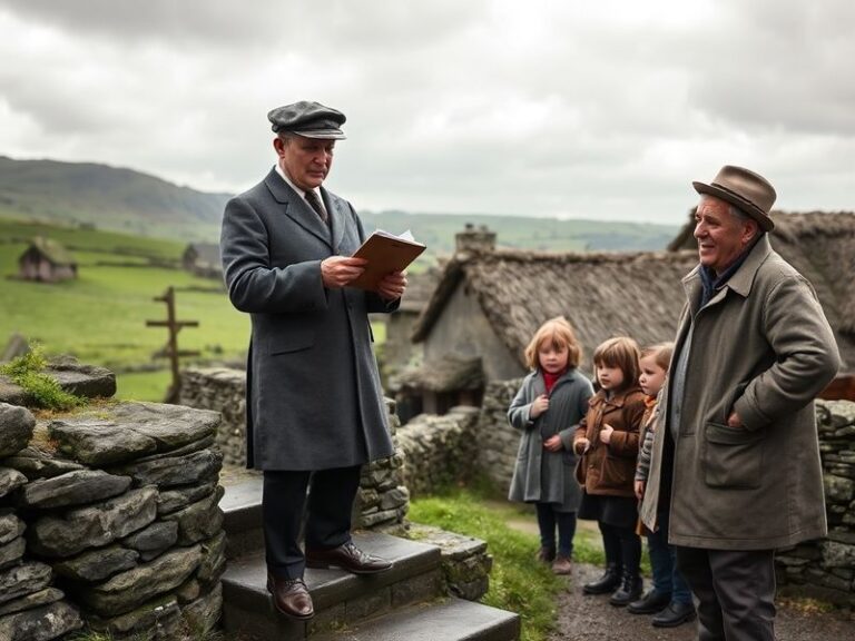 A black-and-white photograph of a census enumerator interviewing a family in rural Ireland, with a cottage in the background.