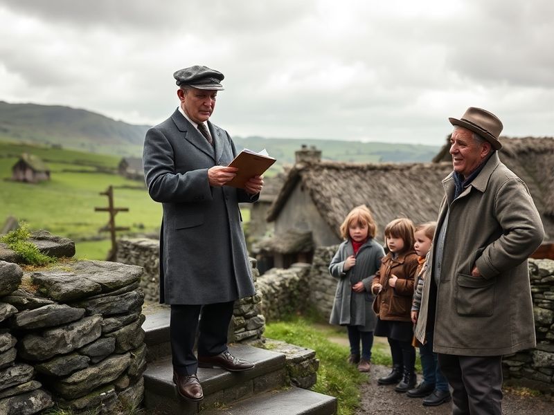 A black-and-white photograph of a census enumerator interviewing a family in rural Ireland, with a cottage in the background.