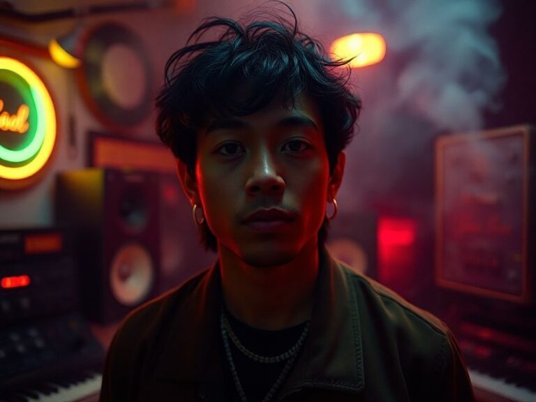 A mid-shot portrait of Swae Lee in a dimly lit studio, wearing a black hoodie with gold accents, surrounded by studio equipme