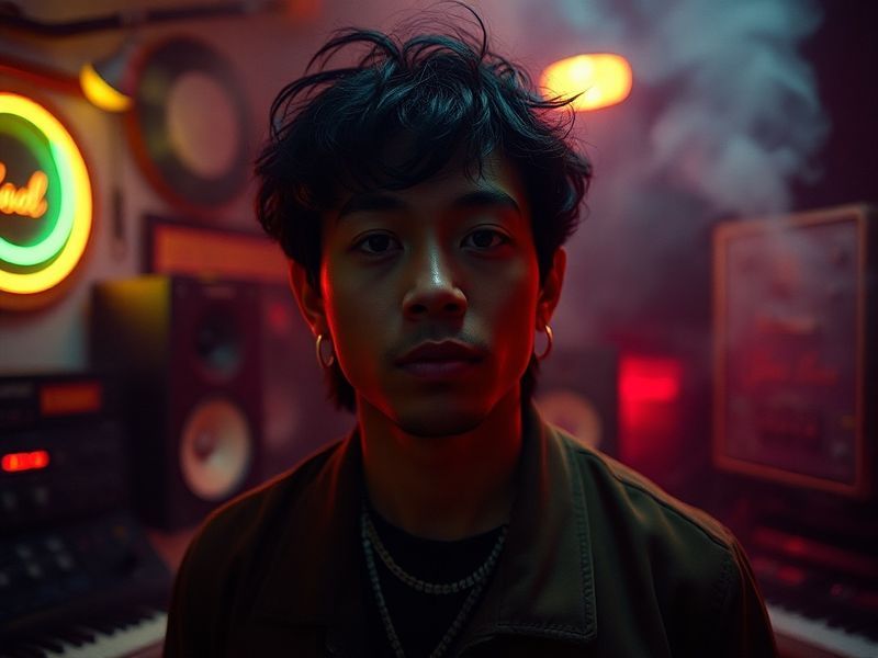 A mid-shot portrait of Swae Lee in a dimly lit studio, wearing a black hoodie with gold accents, surrounded by studio equipme