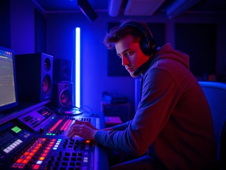 A dynamic concert shot of Joost Klein performing on stage, bathed in neon lights with a mix of traditional Dutch and modern e