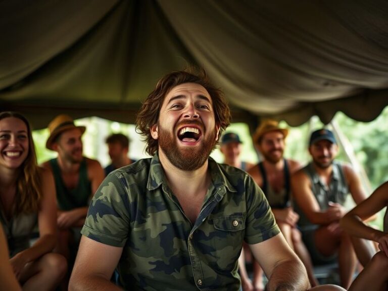 Seann Walsh in the Australian jungle during I'm a Celebrity, wearing a head torch and muddy but smiling, surrounded by tropic