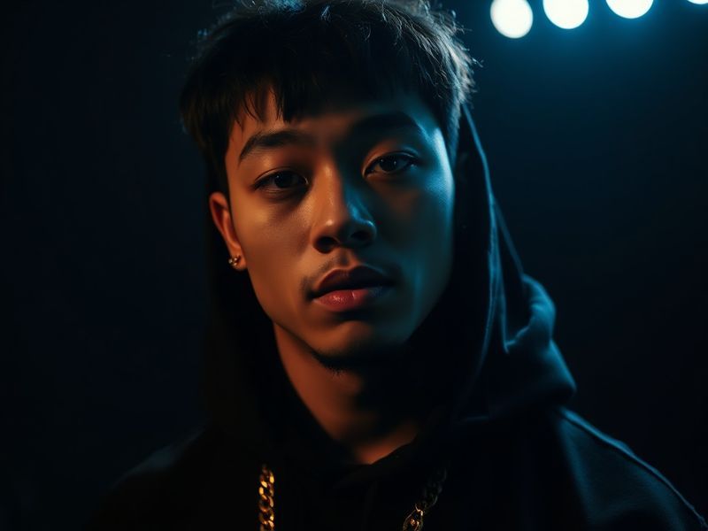 A studio portrait of Swae Lee in a dimly lit room, wearing a black hoodie and gold chain, with a focused expression and a mic