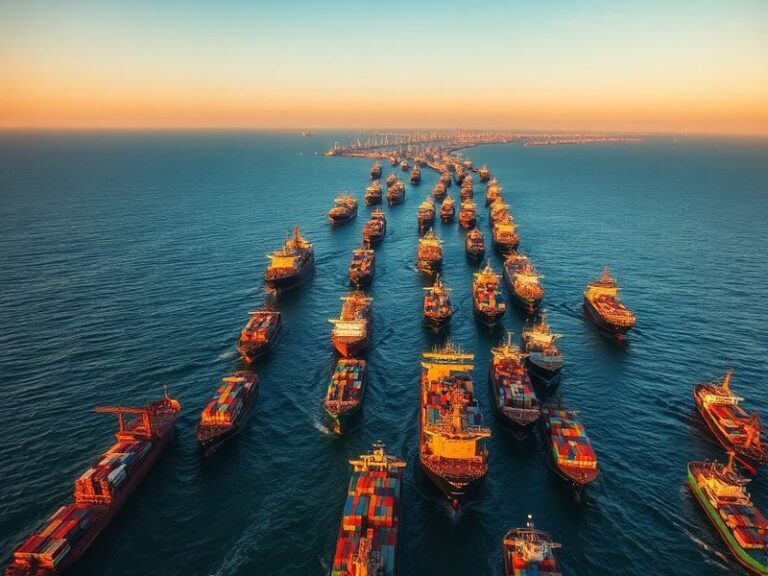 A wide-angle view of a busy shipping port at dusk, with multiple cargo ships, cranes, and containers illuminated by artificia