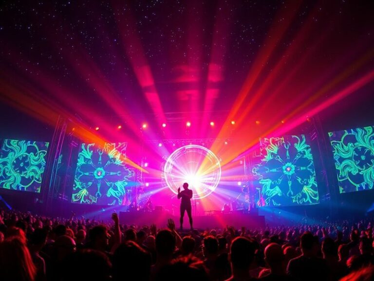 A futuristic stage at Coachella with a glowing digital figure (Anyma) performing alongside a live band, bathed in neon lights