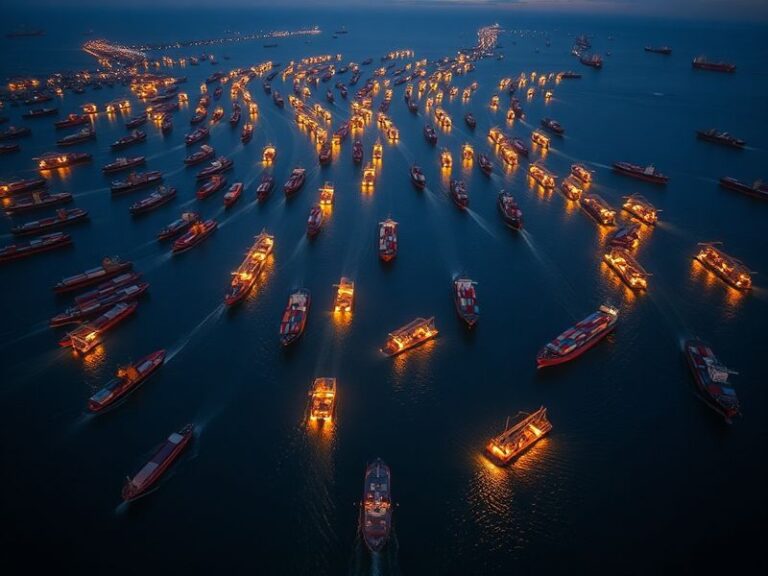 A wide-angle view of a bustling port at sunset, with numerous cargo ships and cranes silhouetted against the sky. The scene c
