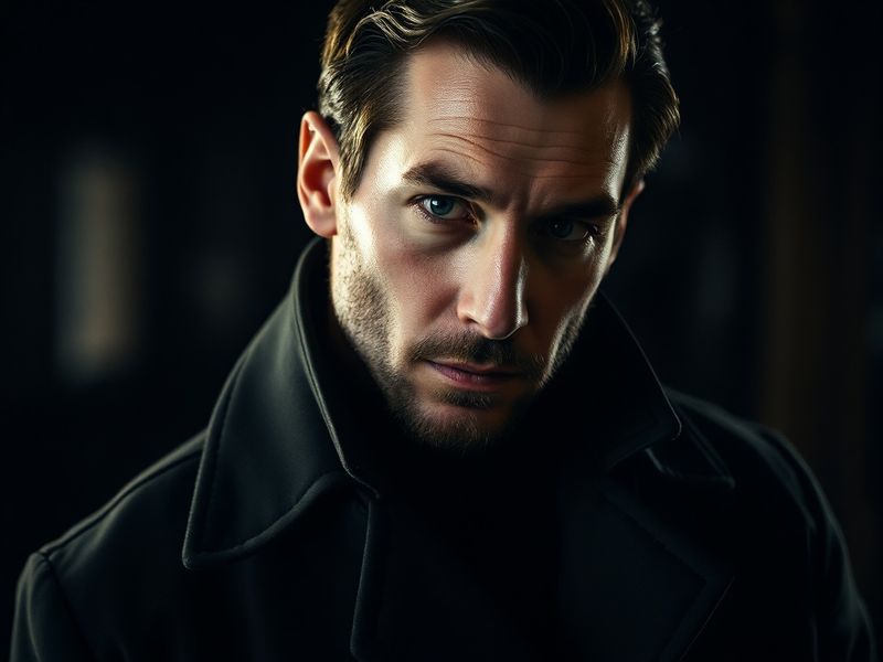 A professional portrait of Troy Baker in a recording studio, wearing headphones and delivering a performance with intense foc