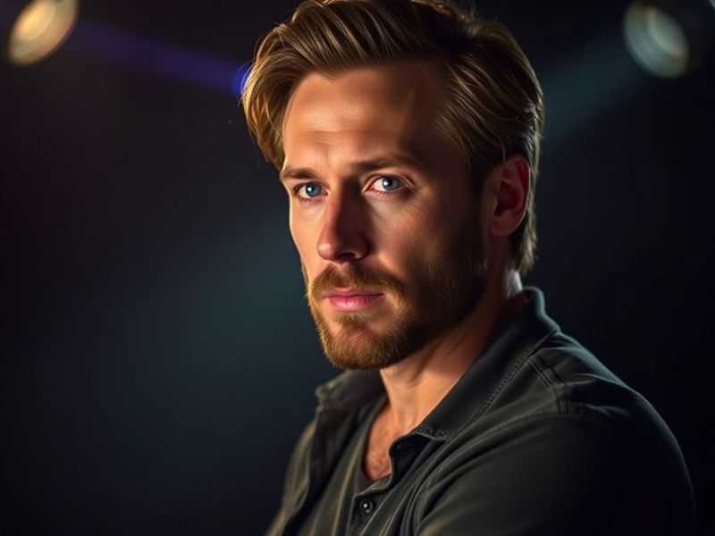 A professional portrait of Troy Baker in a recording studio, wearing headphones and speaking into a microphone, with a digita