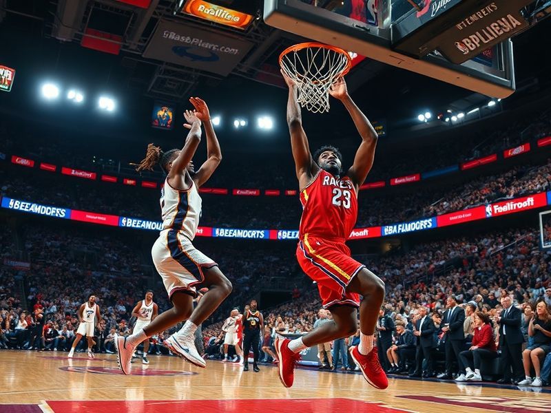 A split-screen image showing an intense NBA playoff game with a scoreboard in the background, fans in the stands, and players