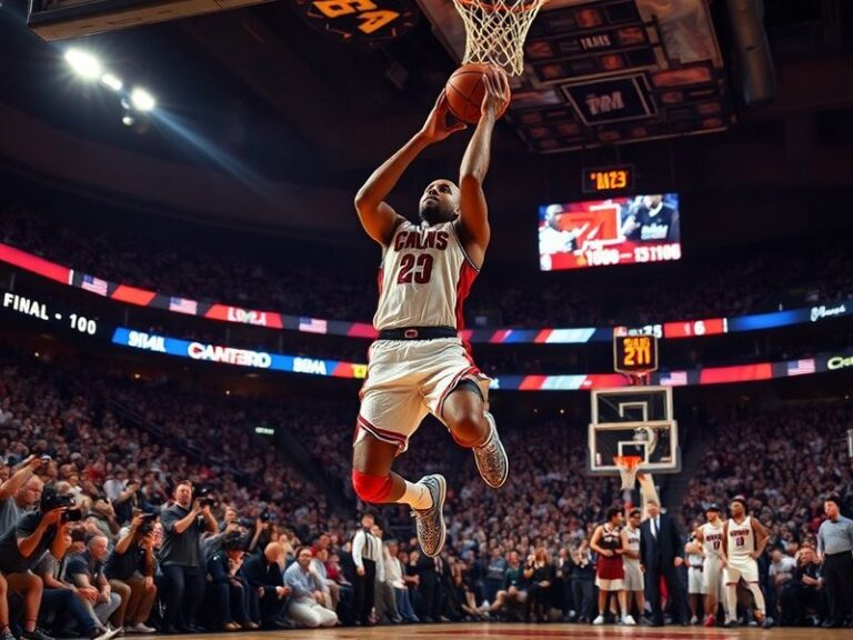 A dynamic action shot of an NBA playoff game, featuring players in mid-air during a crucial moment, with the arena lights glo