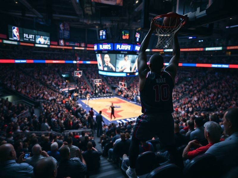 A split-screen image showing an intense NBA playoff game with a scoreboard in the background, featuring players like Jayson T