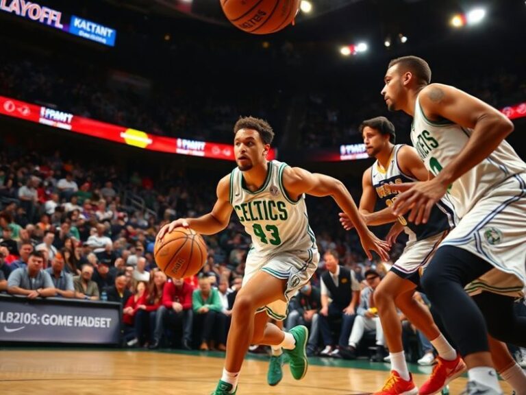 A dynamic action shot of a basketball court during a playoff game, featuring key players like Luka Dončić and Tyrese Haliburt