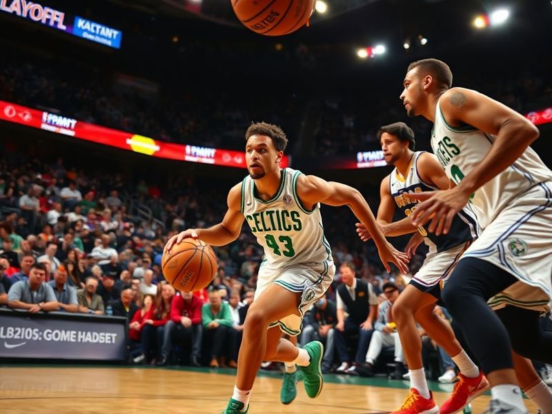 A dynamic action shot of a basketball court during a playoff game, featuring key players like Luka Dončić and Tyrese Haliburt
