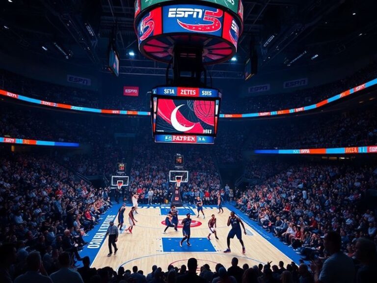 A dynamic split-screen image of a crowded NBA arena during a playoff game, with the scoreboard visible, players in action, an