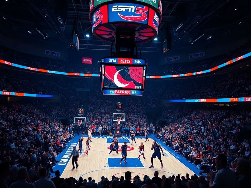 A dynamic split-screen image of a crowded NBA arena during a playoff game, with the scoreboard visible, players in action, an