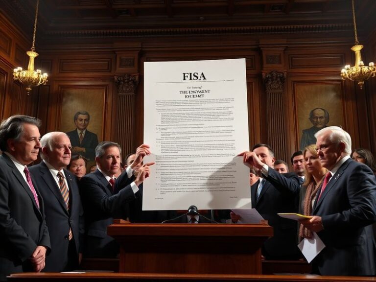 A split-view image showing the U.S. Capitol building on one side and a gavel resting on a legal document labeled 'FISA' on th