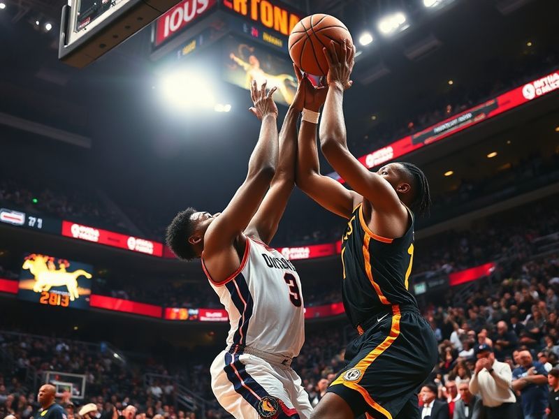 A dynamic action shot of Nikola Jokić and Jayson Tatum competing in a high-stakes playoff game, with the NBA Finals trophy vi