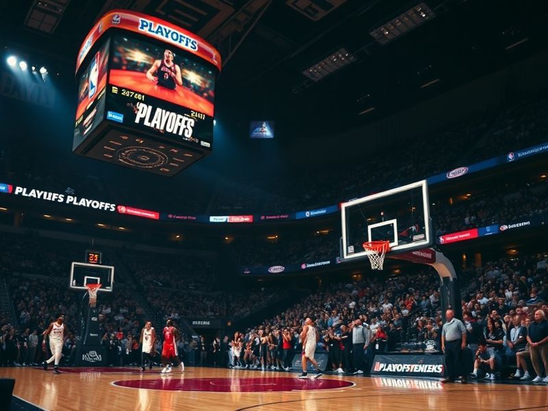 A split-screen image showing a packed NBA arena with players in action during a playoff game, featuring the 2024 NBA logo and