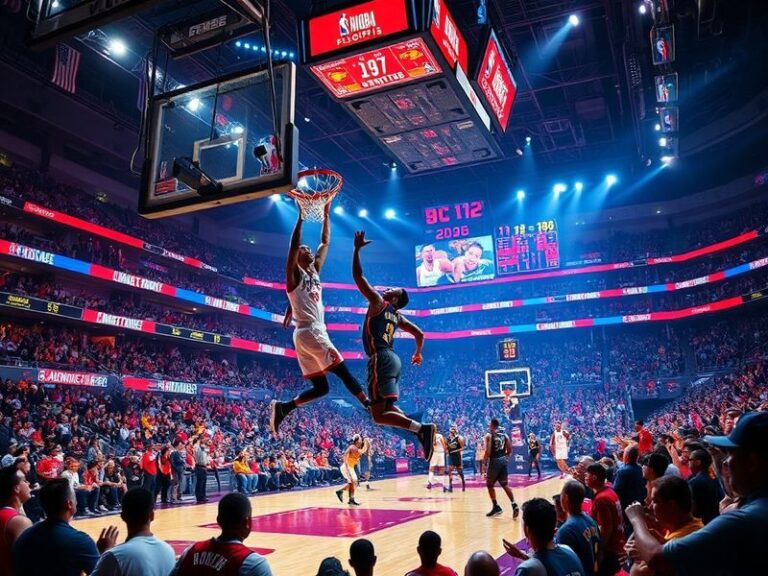 一张展现NBA季后赛激烈对抗的照片：球场上年轻球员与经验老将的对决场景，灯光闪耀，观众呐喊，体现新旧交替的视觉冲击。