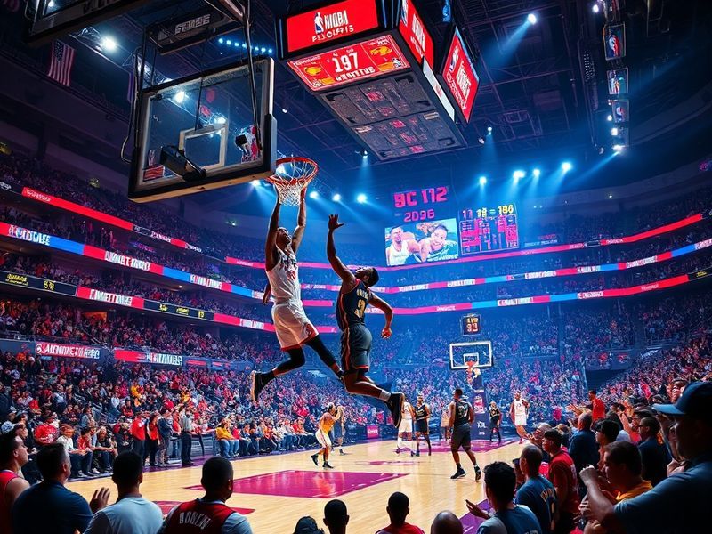 一张展现NBA季后赛激烈对抗的照片：球场上年轻球员与经验老将的对决场景，灯光闪耀，观众呐喊，体现新旧交替的视觉冲击。