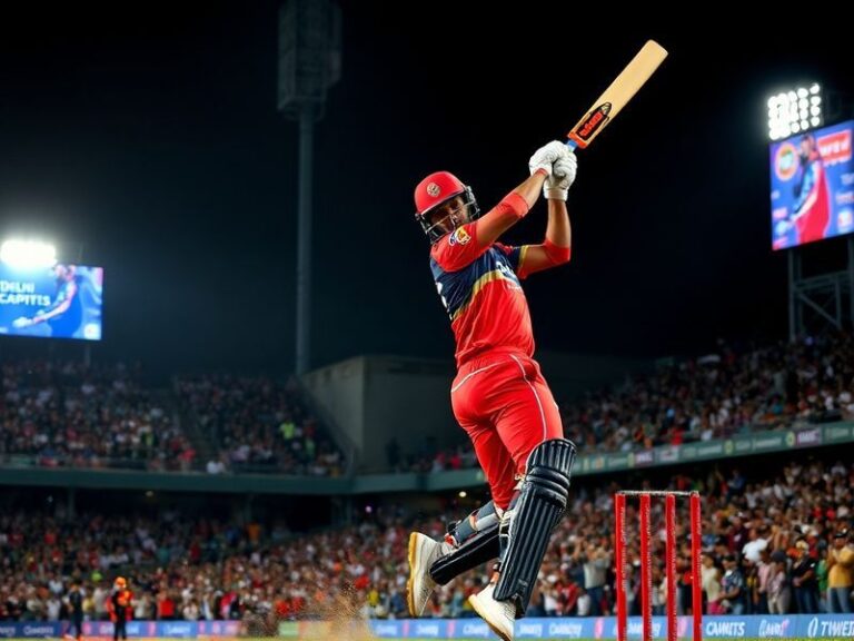A vibrant cricket stadium with RCB and DC jerseys on display, fans cheering in the stands, and a high-energy atmosphere under