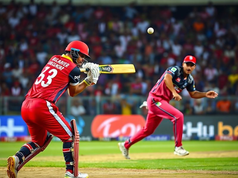 A vibrant cricket stadium scene at night showing RCB and DC players celebrating in a Super Over finish. The M. Chinnaswamy St