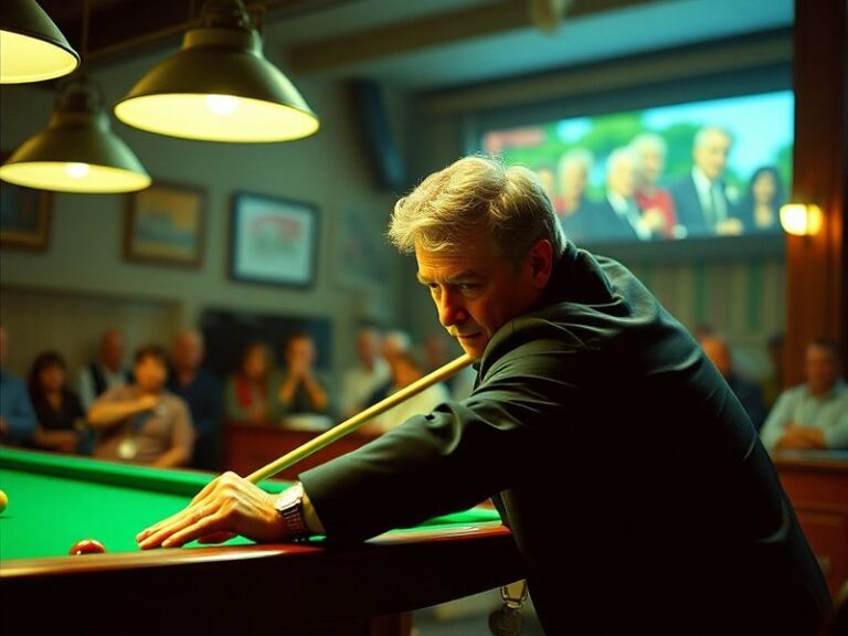 A vintage photo of John Virgo in a suit, standing in a snooker commentary box with a microphone in hand, surrounded by trophi